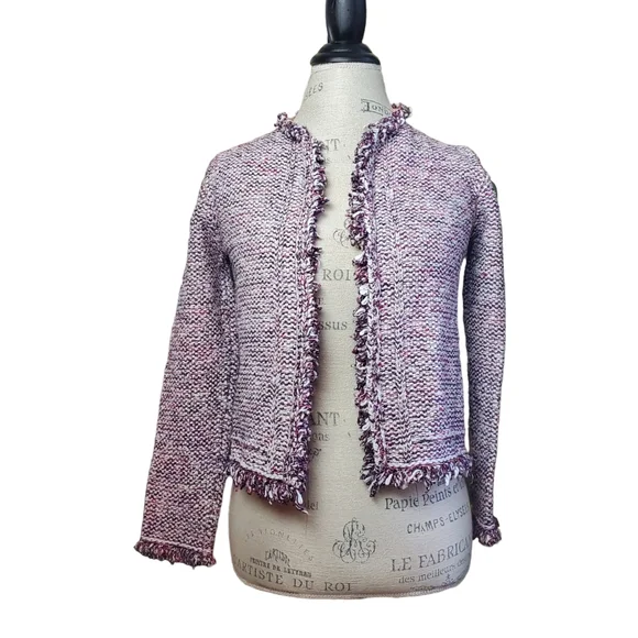 MASSIMO DUTTI |  Purple Tweed Frayed Hem Open Italian Yarn Blazer (Size S) - Picture 14 of 14